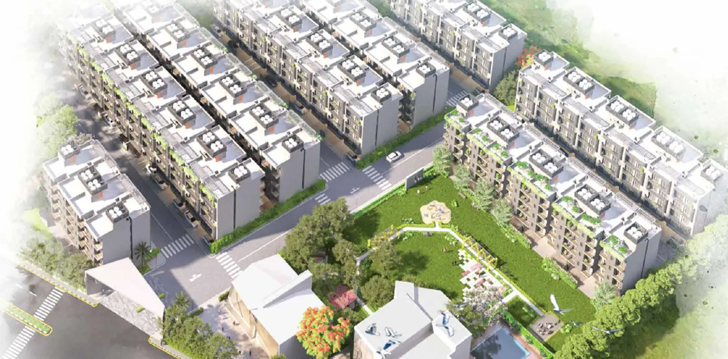 Aerial view of Ganga Realty Kashi Residences Sector 89 Gurugram showing low rise apartment layout and central green area